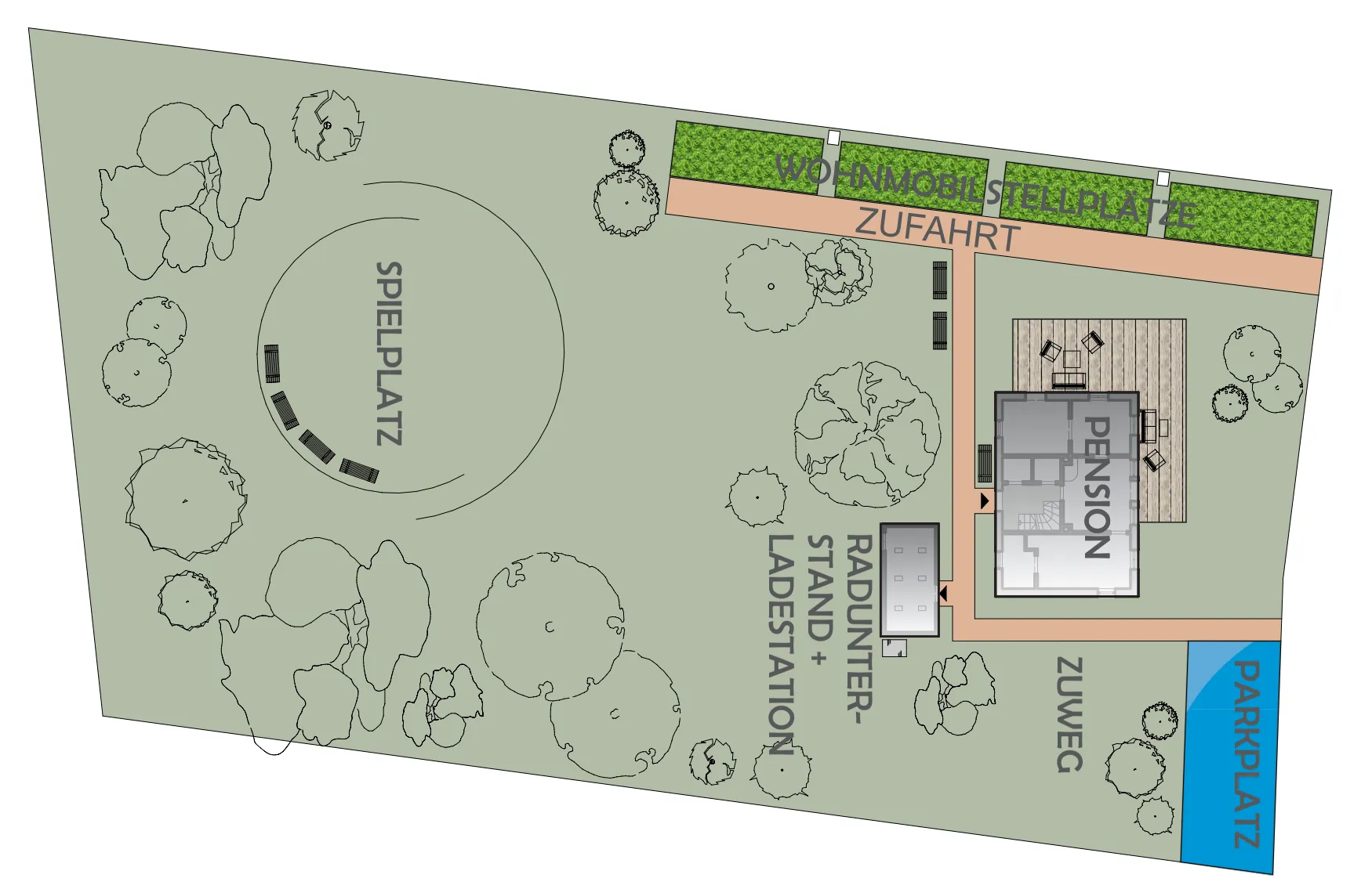 Lageplan des Grundstücks mit Pension, Zufahrt, Spielplatz, Radunterstand mit Ladestation und Wohnmobilstellplätzen